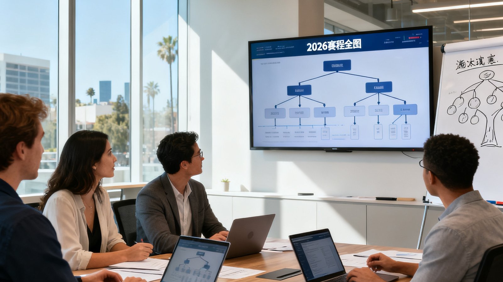 2026赛程全图团队在洛杉矶开放办公区讨论实时数据流架构，白板上画着淘汰赛树状图