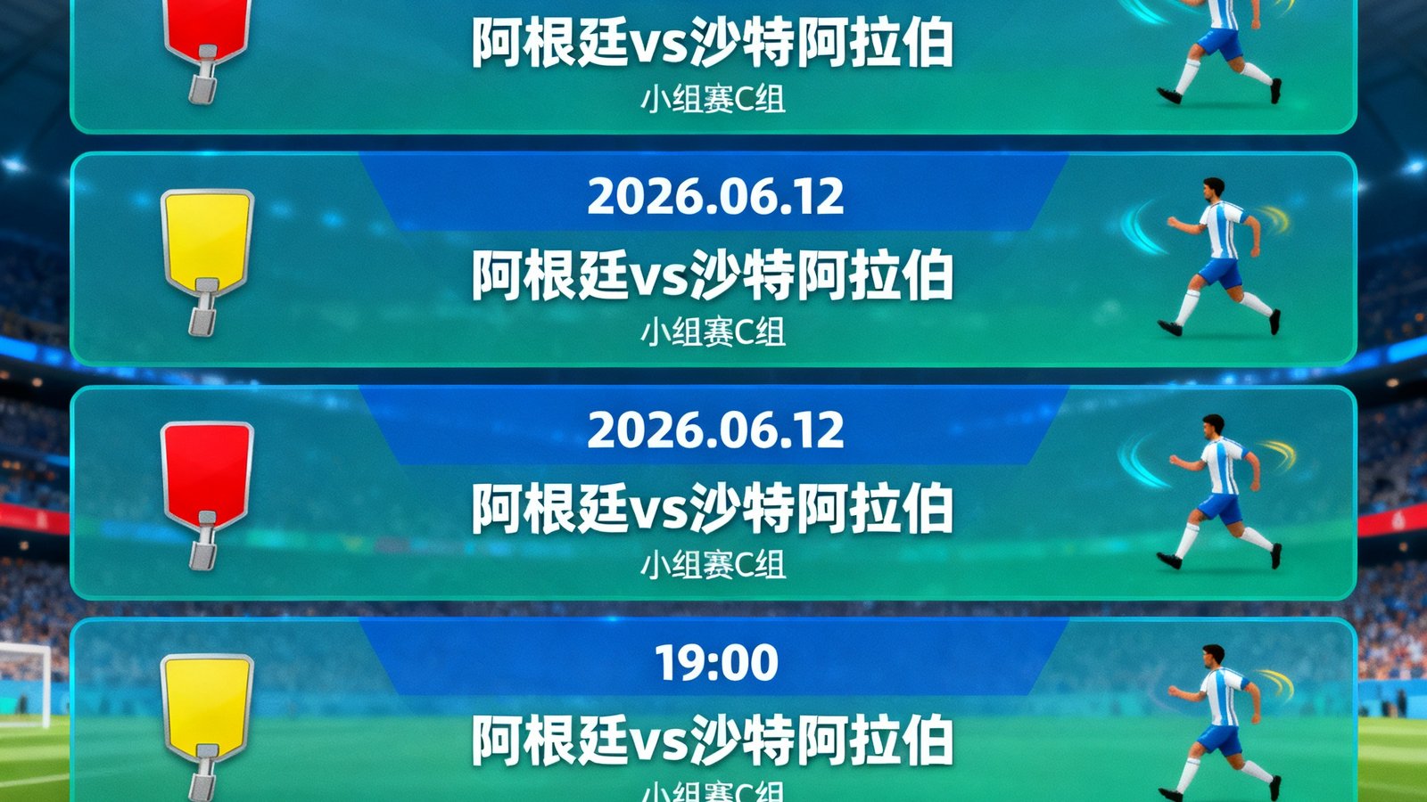 2026世界杯赛程表全图UI更新，每个比赛框增加红黄牌图标和换人动画